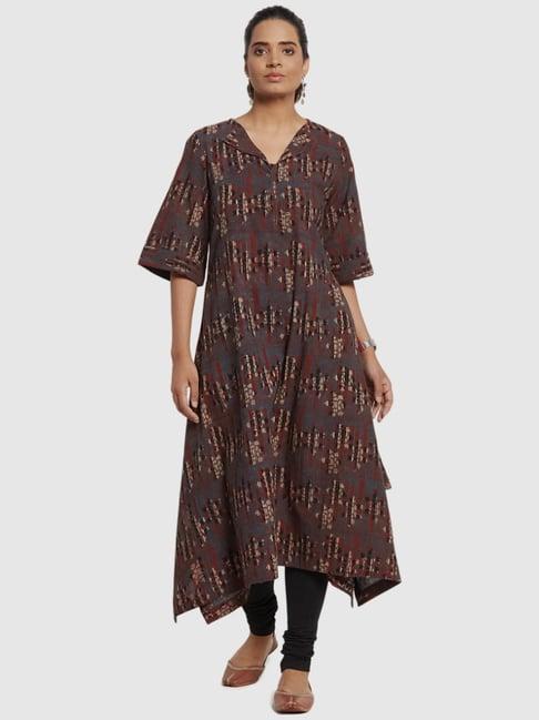 fabindia grey & red cotton printed a line kurta