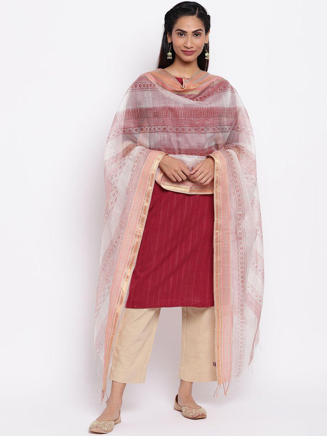 fabindia grey & red printed cotton silk dupatta