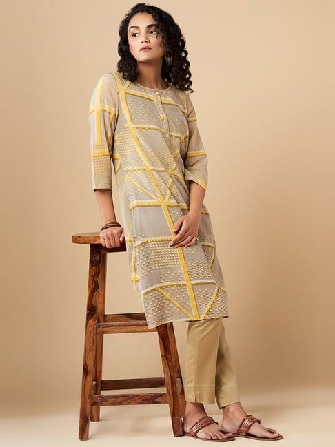 fabindia grey & yellow cotton printed a line kurta