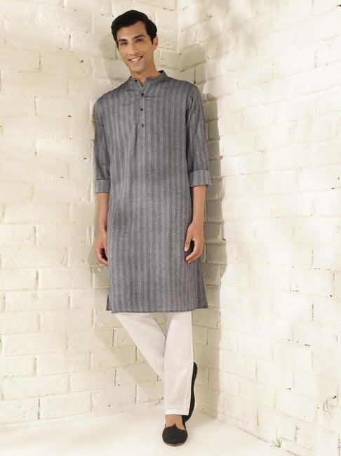 fabindia grey cotton comfort fit striped kurta