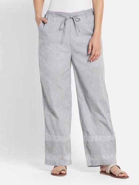 fabindia grey cotton embroidered pants