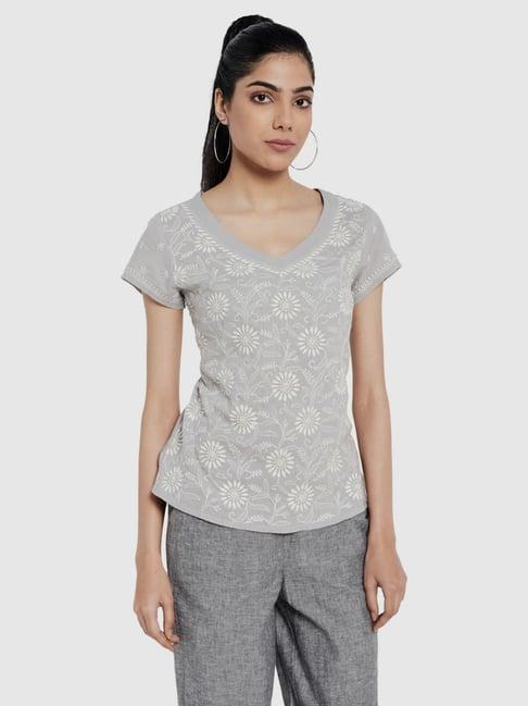 fabindia grey cotton embroidered top