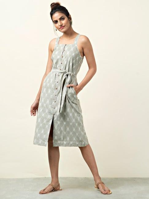 fabindia grey cotton printed a-line dress