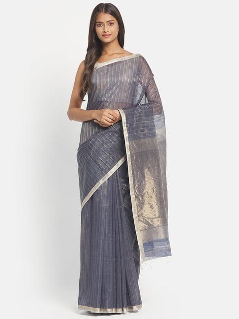 fabindia grey cotton silk woven saree without blouse