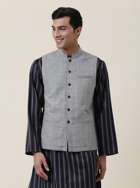 fabindia grey regular fit textured nehru jacket