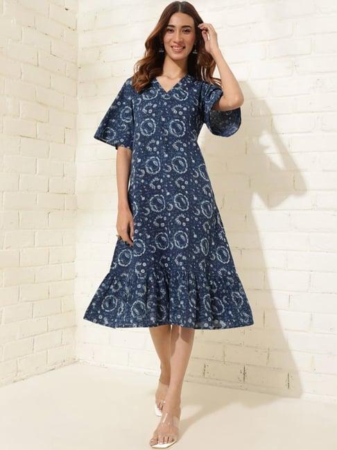 fabindia indigo blue cotton floral print a-line dress