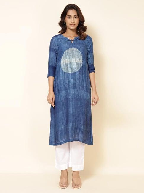 fabindia indigo blue striped straight kurta