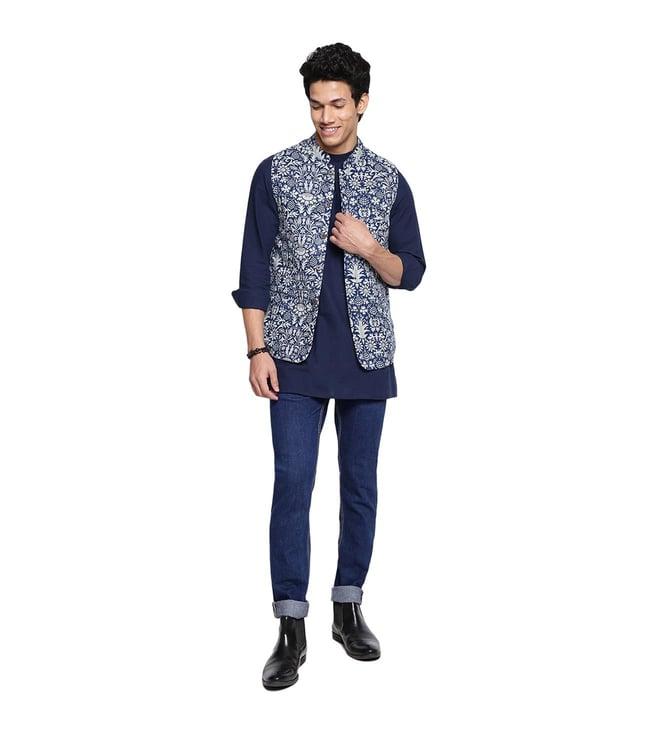 fabindia indigo cotton slim fit printed kurta & nehru jacket set