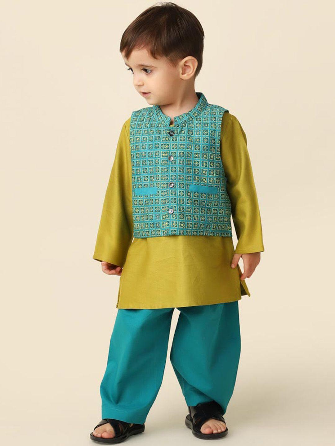 fabindia infant boys ethnic motifs printed straight kurta with pyjamas & nehru jacket