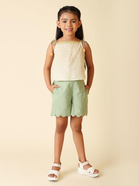 fabindia kids beige & green printed top with shorts
