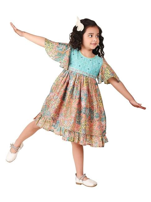 fabindia kids blue & peach floral print dress