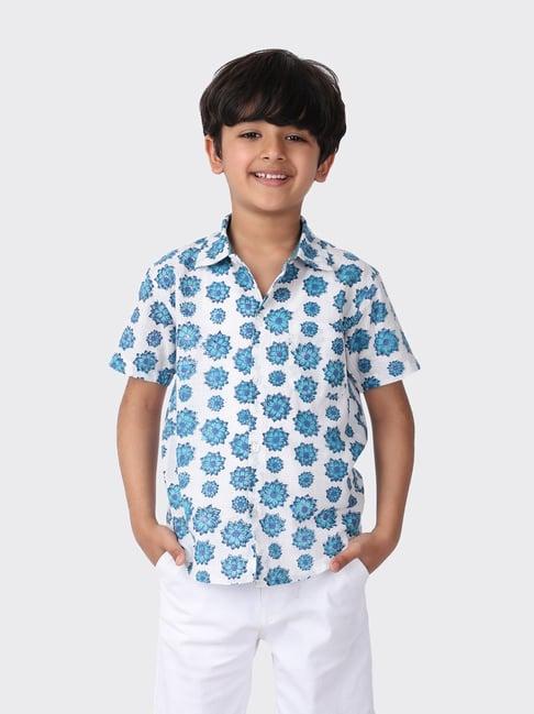 fabindia kids blue cotton printed shirt