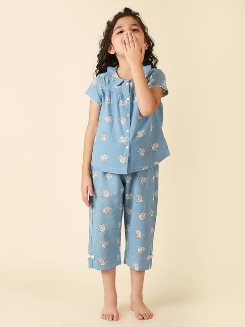 fabindia kids blue printed shirt with pyjamas