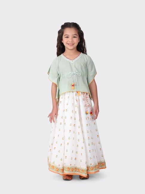 fabindia kids green & white cotton printed kaftan lehenga set