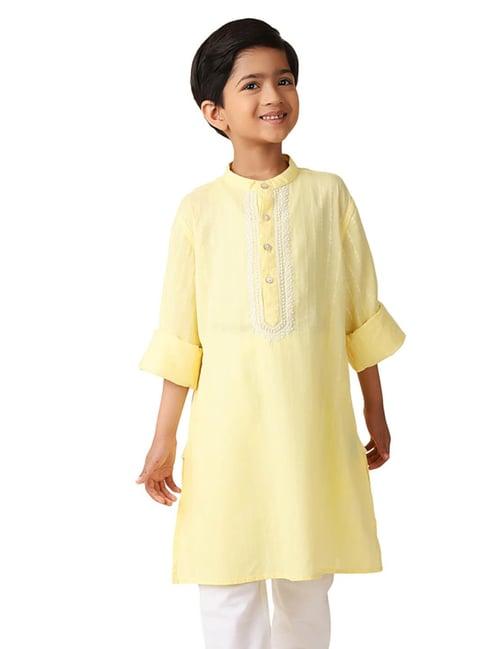 fabindia kids light yellow embroidered full sleeves kurta