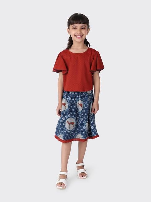 fabindia kids multicolor cotton printed top & skirt