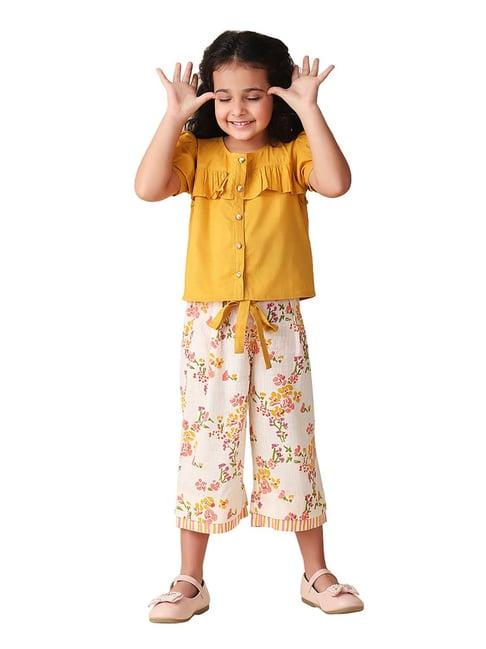 fabindia kids mustard & white floral print top with pants