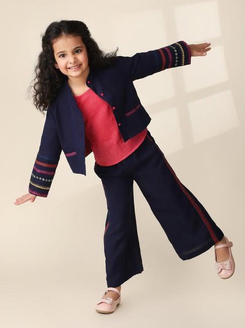 fabindia kids navy with pink solid full sleeves top, jacket with palazzo