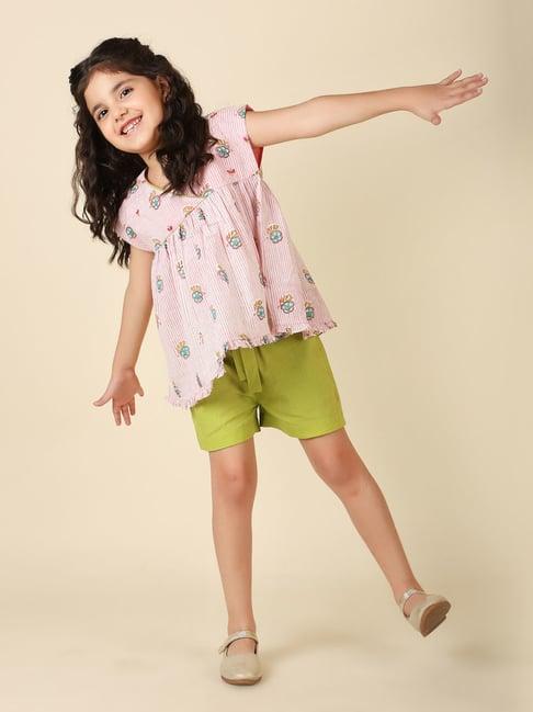 fabindia kids pink & green floral print top with shorts