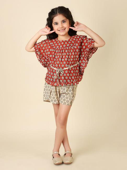 fabindia kids red & beige printed kaftan top with shorts