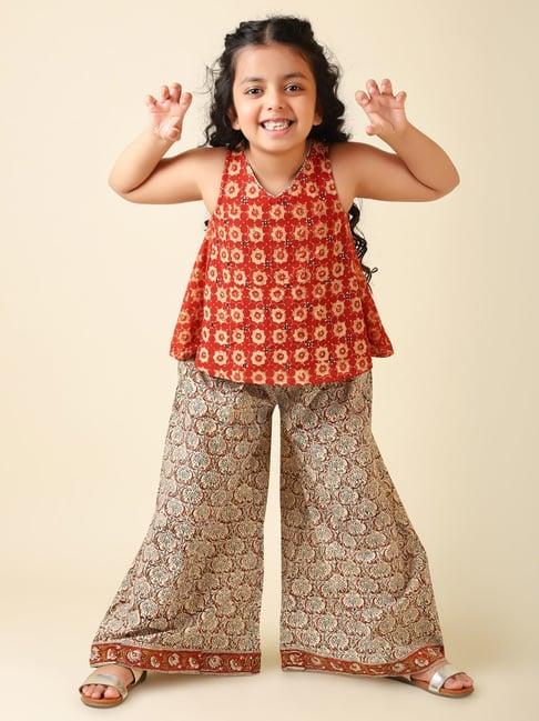 fabindia kids red & beige printed top with palazzo