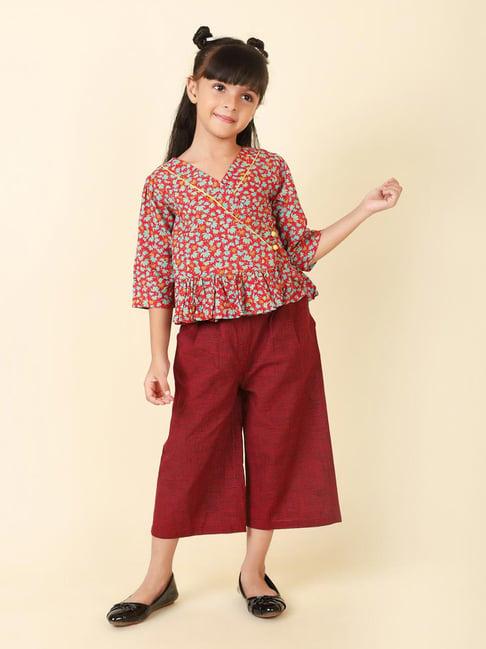 fabindia kids red floral print top with culottes