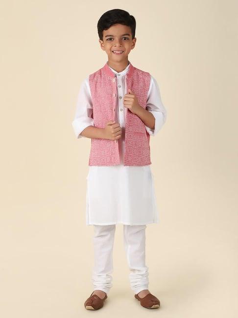 fabindia kids white & pink cotton embroidered full sleeves kurta set