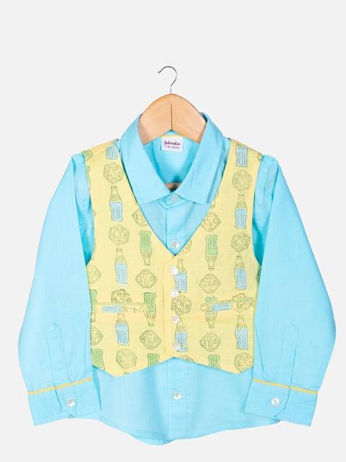 fabindia kids yellow & blue printed full sleeves jacket with shirt