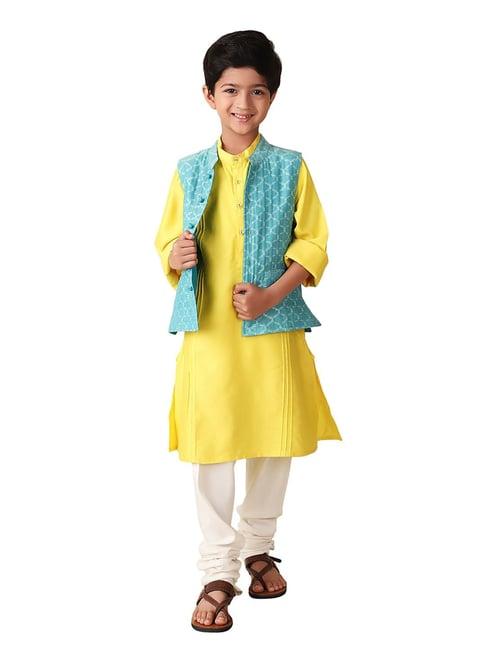 fabindia kids yellow & blue printed full sleeves kurta with nehru jacket