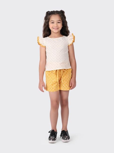 fabindia kids yellow cotton printed top & shorts