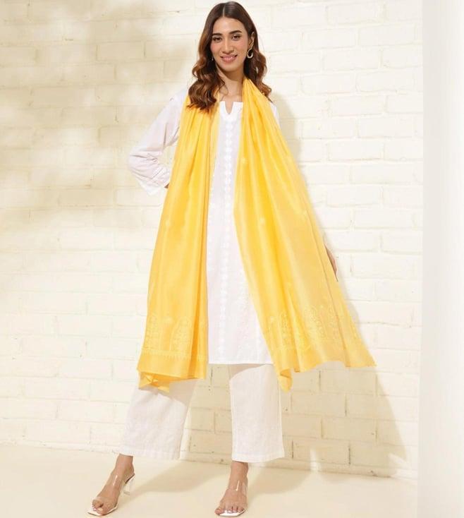 fabindia lemon yellow cotton silk embroidered dupatta