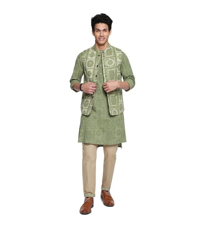 fabindia light green cotton slim fit printed kurta & nehru jacket set