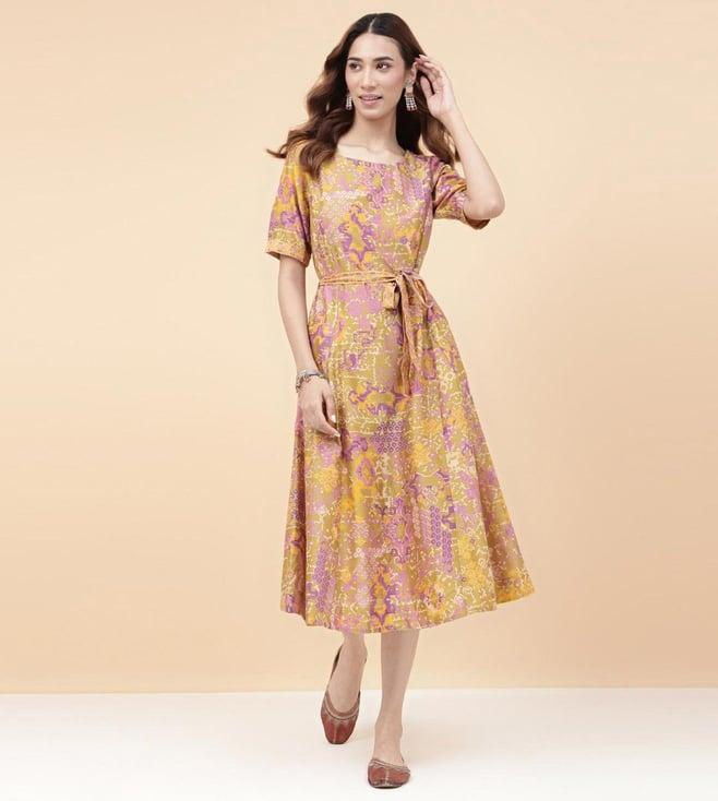 fabindia lime cotton silk printed midi dress