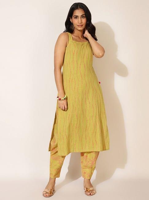 fabindia lime yellow cotton floral print straight kurta