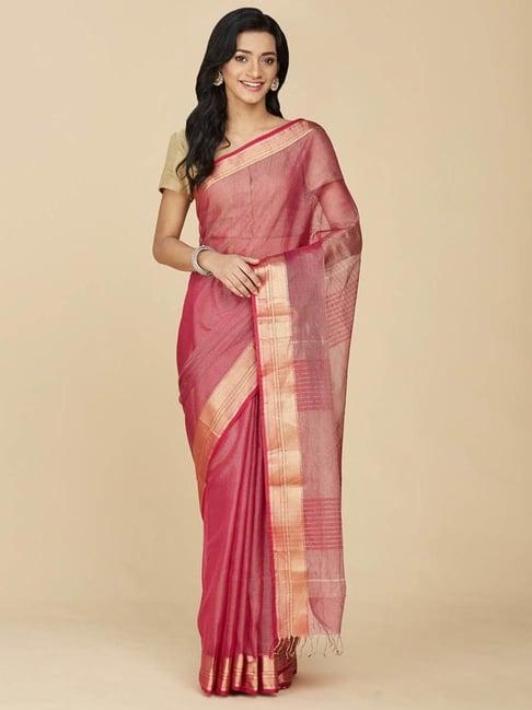 fabindia magenta cotton silk printed saree without blouse piece