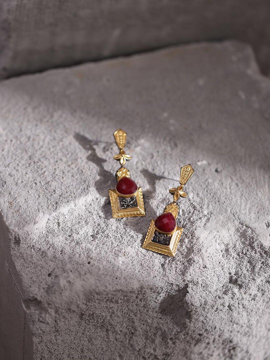 fabindia maroon & gold-toned silver-plated classic drop earrings