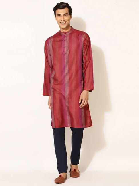 fabindia maroon & pink slim fit striped kurta