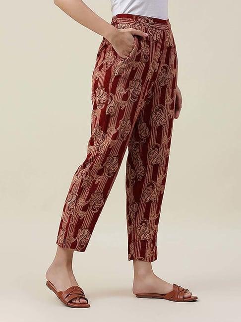 fabindia maroon cotton kalamkari comfort fit trouser