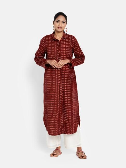 fabindia maroon cotton linen printed shirt dress