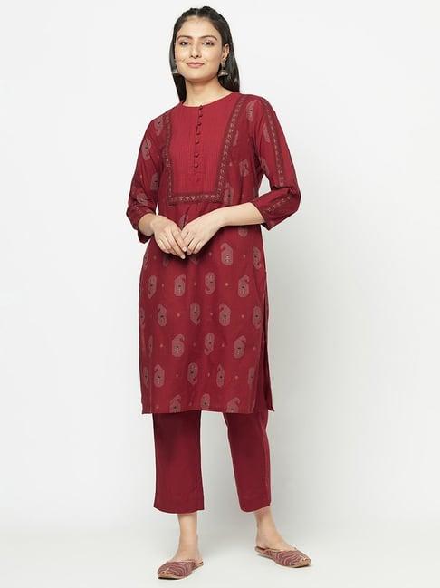 fabindia maroon cotton printed kurta pant set