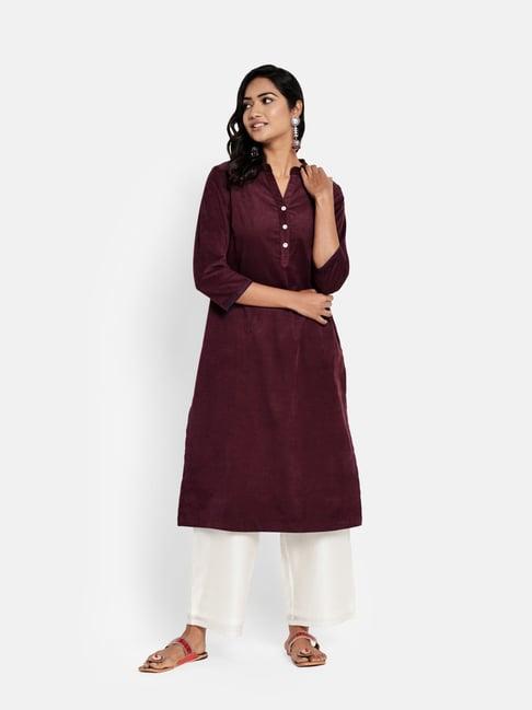 fabindia maroon cotton straight kurta