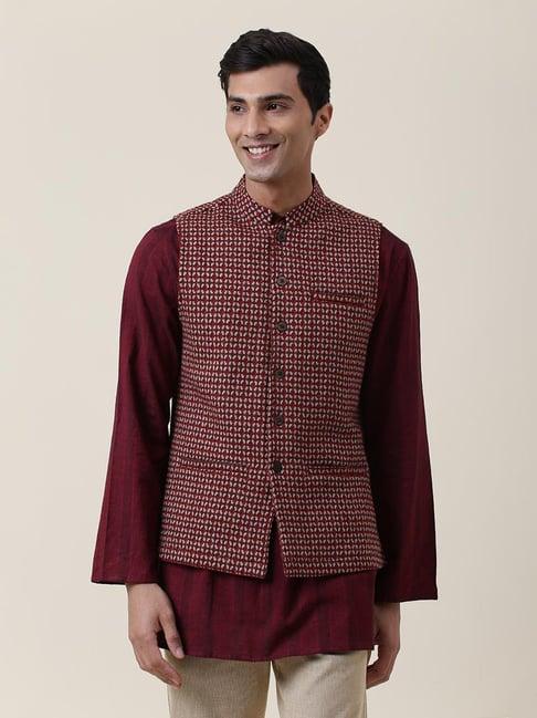 fabindia maroon regular fit printed nehru jacket