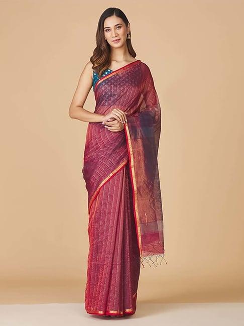 fabindia maroon woven saree without blouse