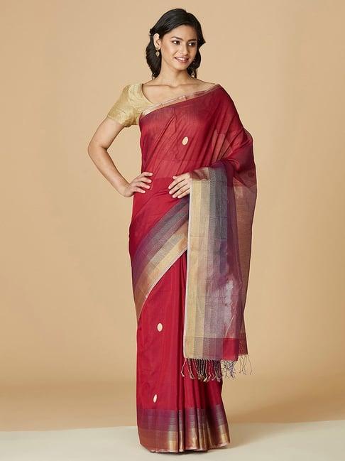 fabindia maroon woven saree without blouse