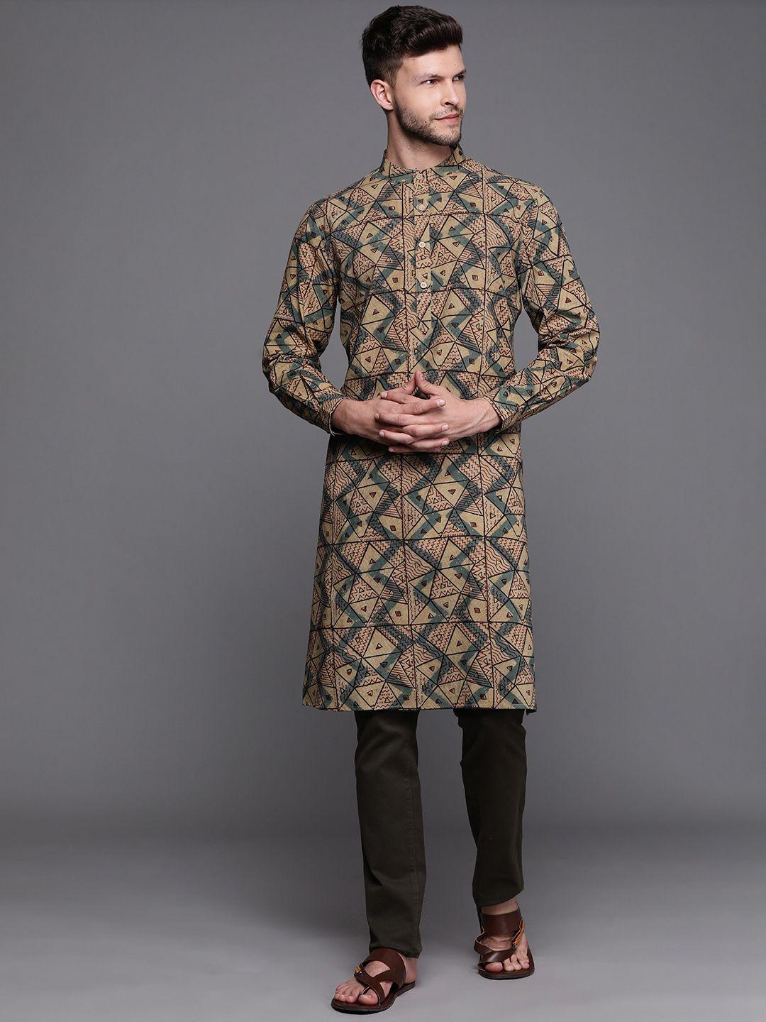 fabindia men beige & blue ethnic motifs printed pure cotton kurta