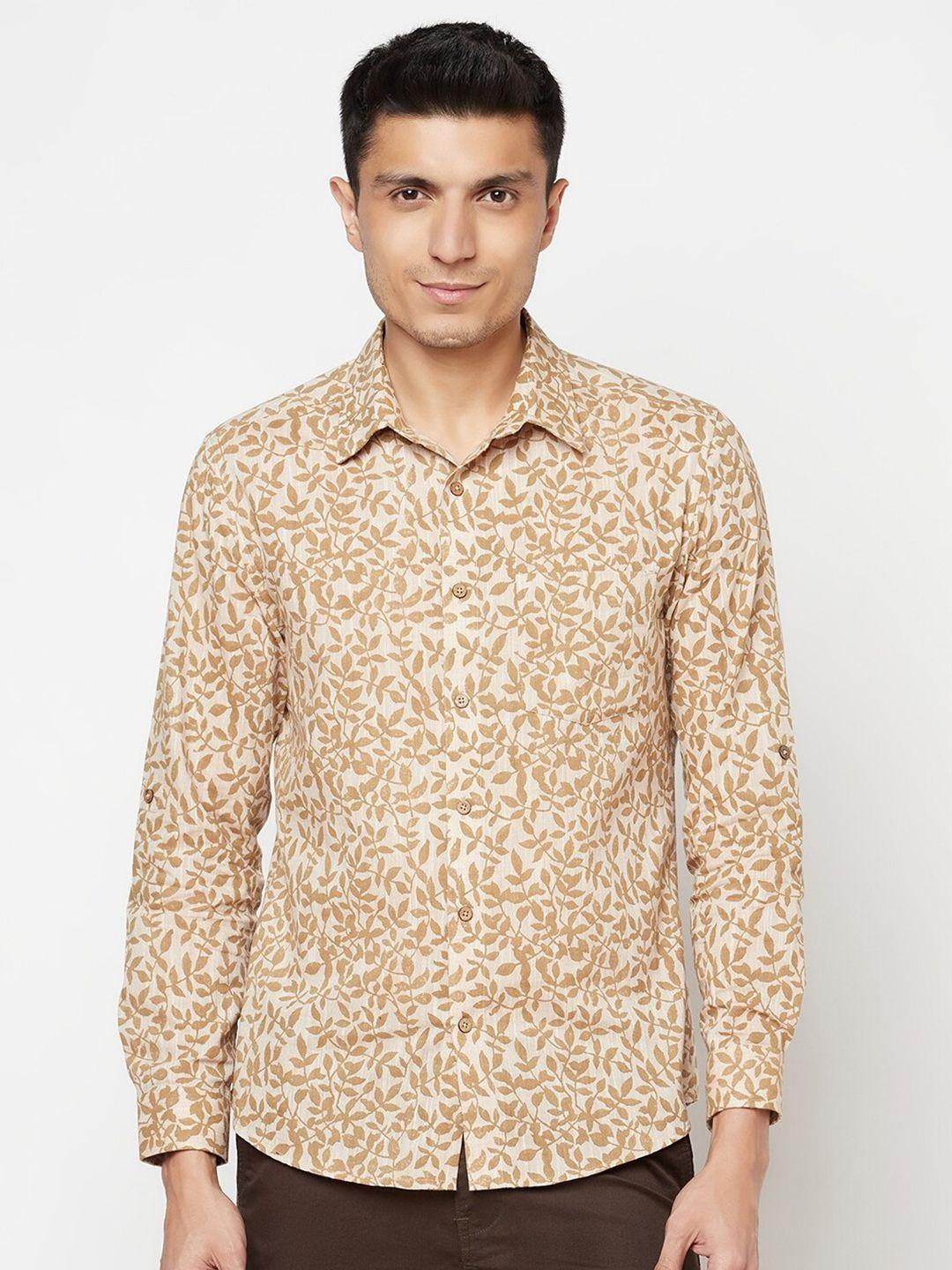 fabindia men beige & off-white slim fit floral printed cotton casual shirt