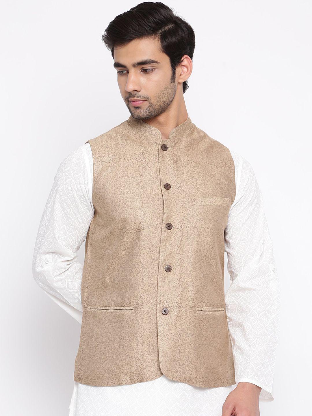 fabindia men beige printed woven nehru jacket