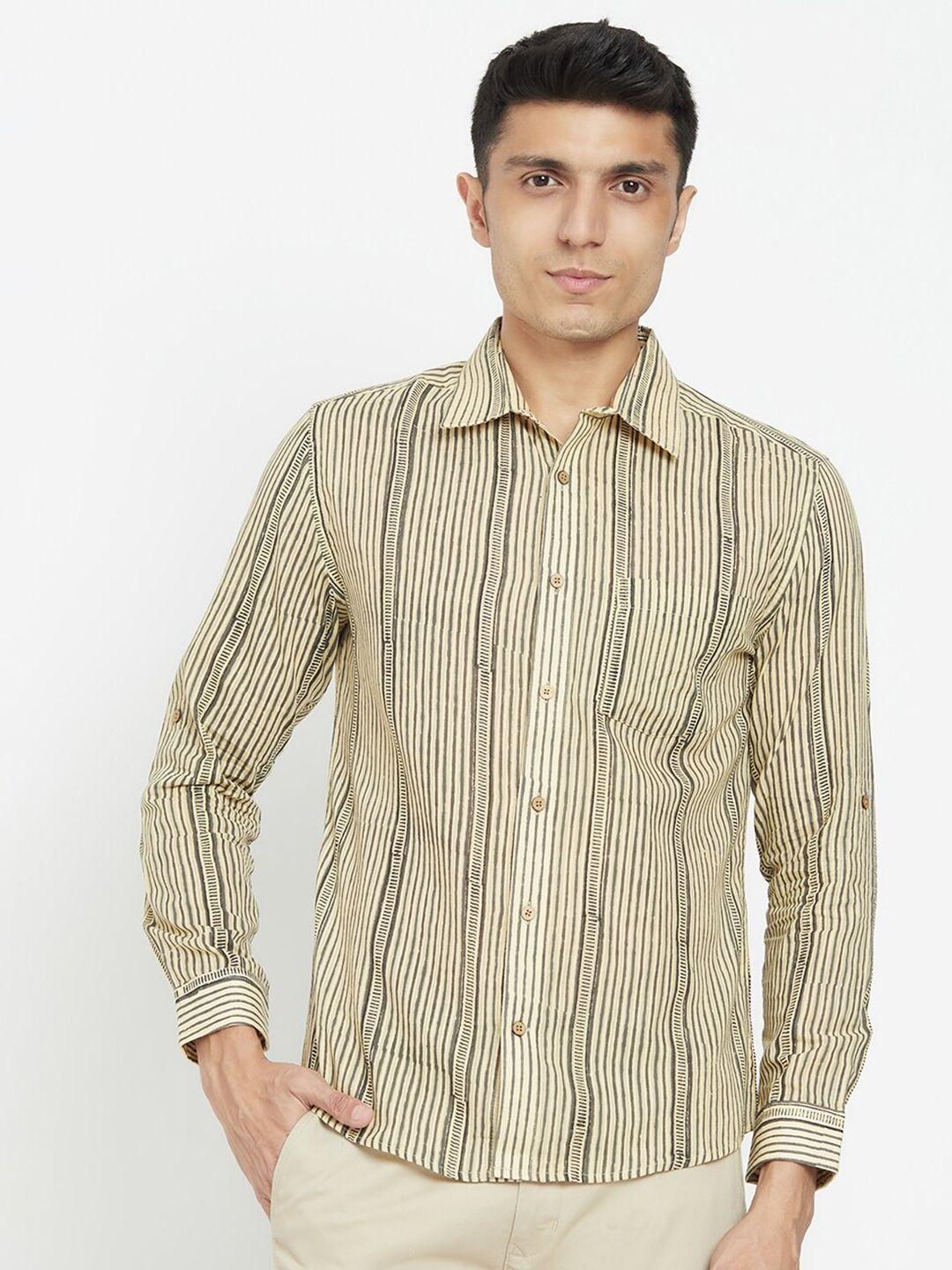 fabindia men beige slim fit striped cotton casual shirt