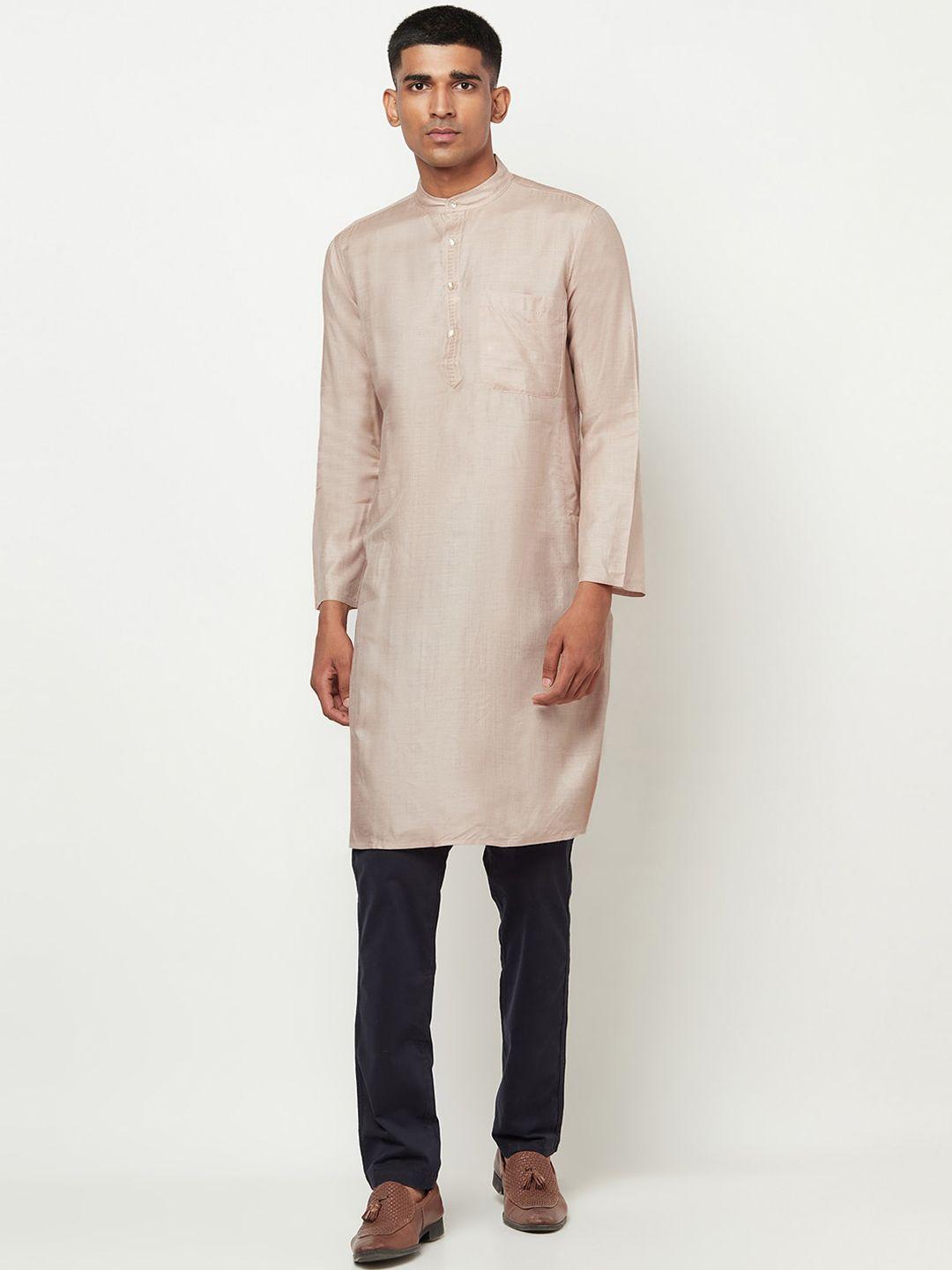 fabindia men beige solid mandarin collar straight kurta