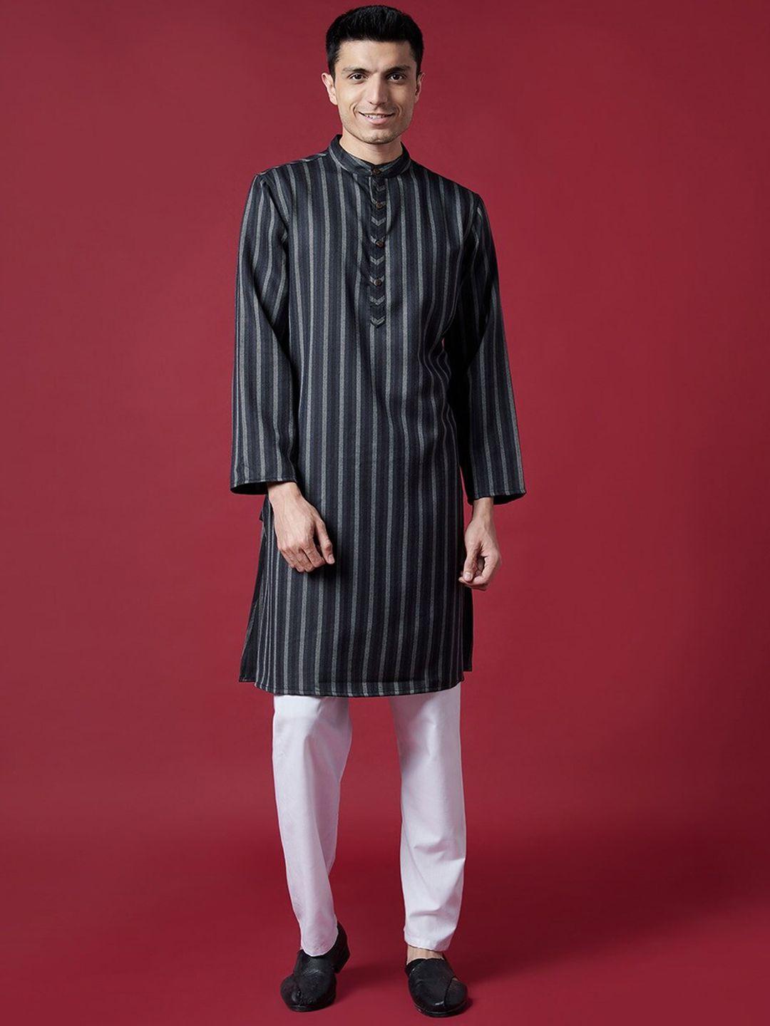 fabindia men black & grey striped indie prints wool kurta